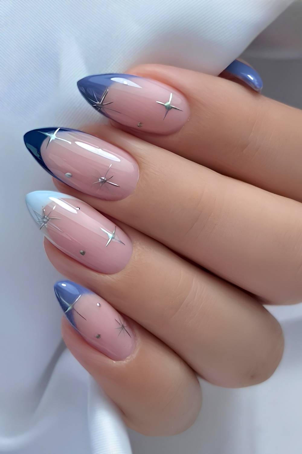Celestial French mani in different blue shades
