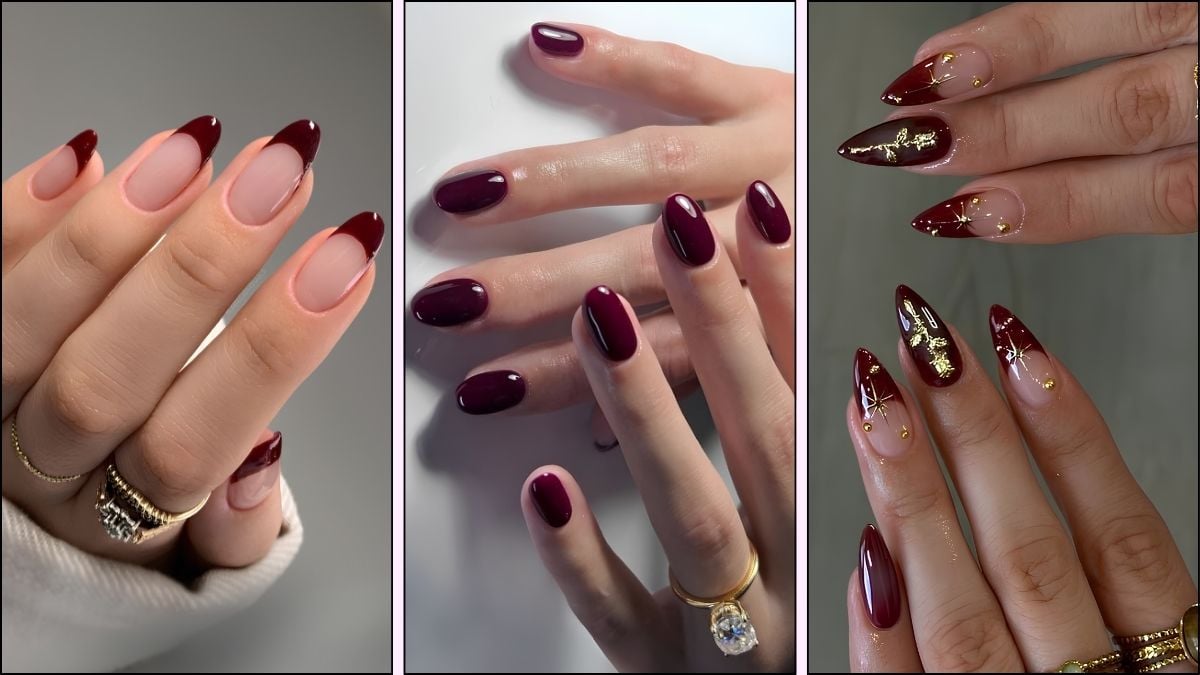 A collage of cherry mocha nail designs