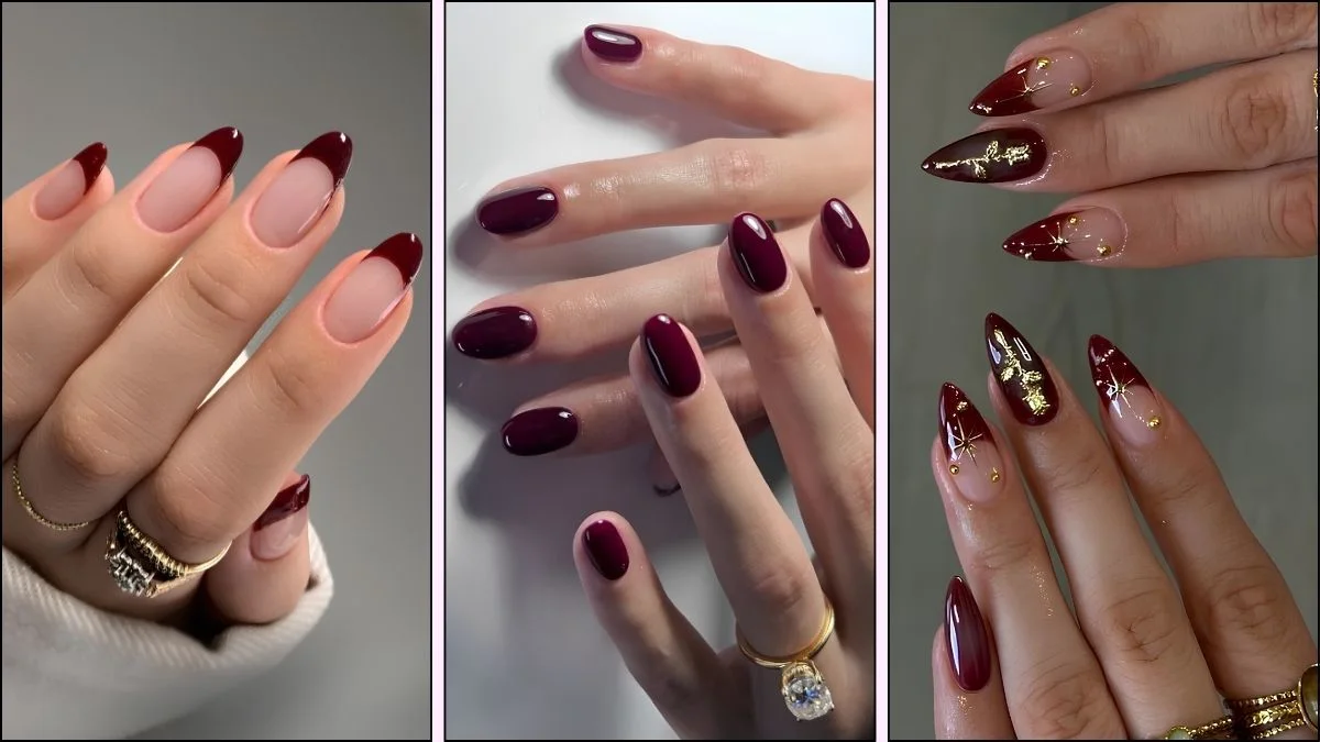 A collage of cherry mocha nail designs