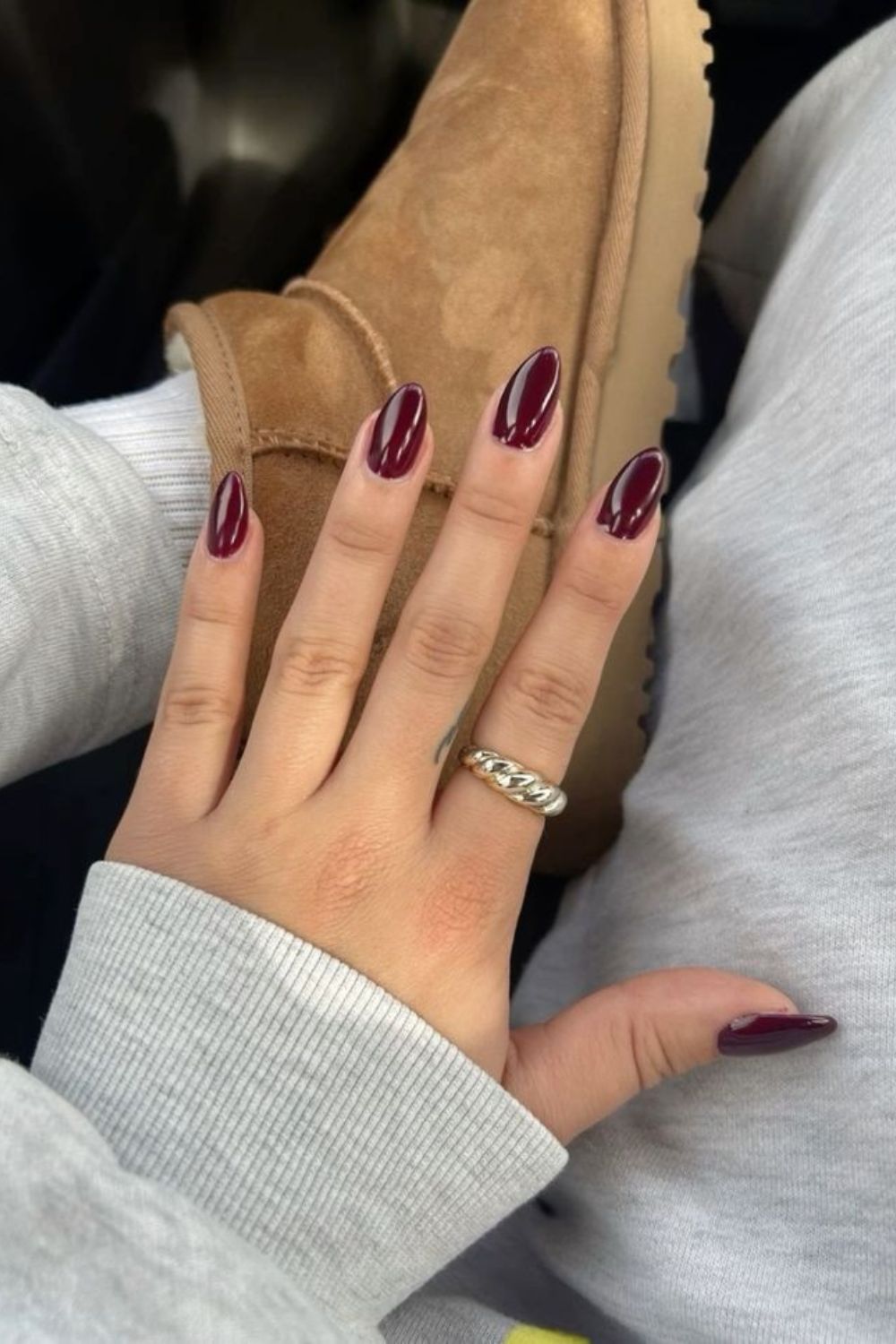 Cherry mocha nails in almond shape