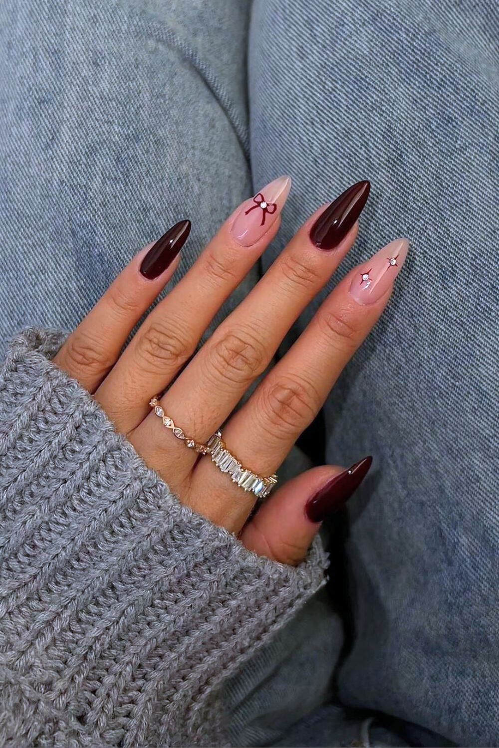 Cherry mocha nails with bows and rhinestones