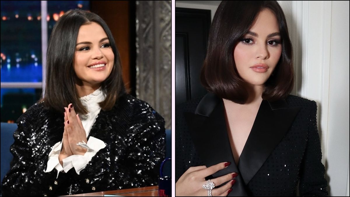 A collage of famous singer wearing cherry mocha nails