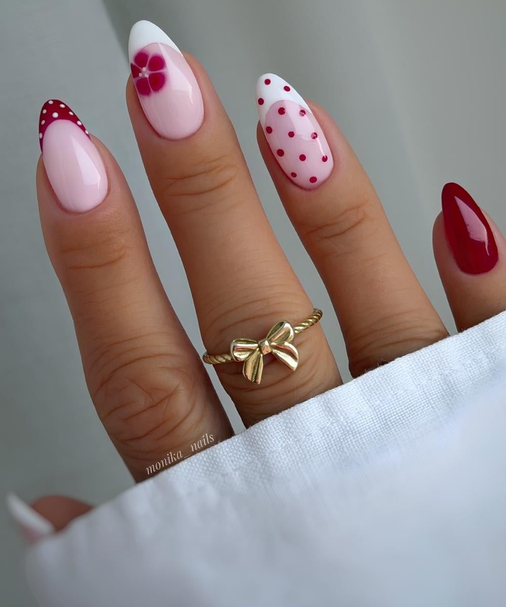 Cherry red and white mani with dots and flowers