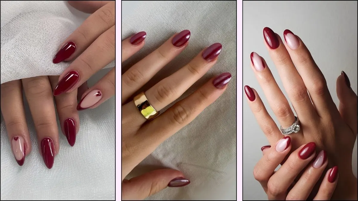 A collage of cherry red nail designs