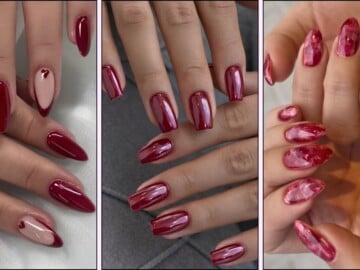 A collage of cherry red manicures