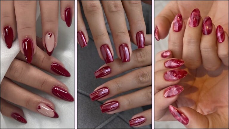 A collage of cherry red manicures