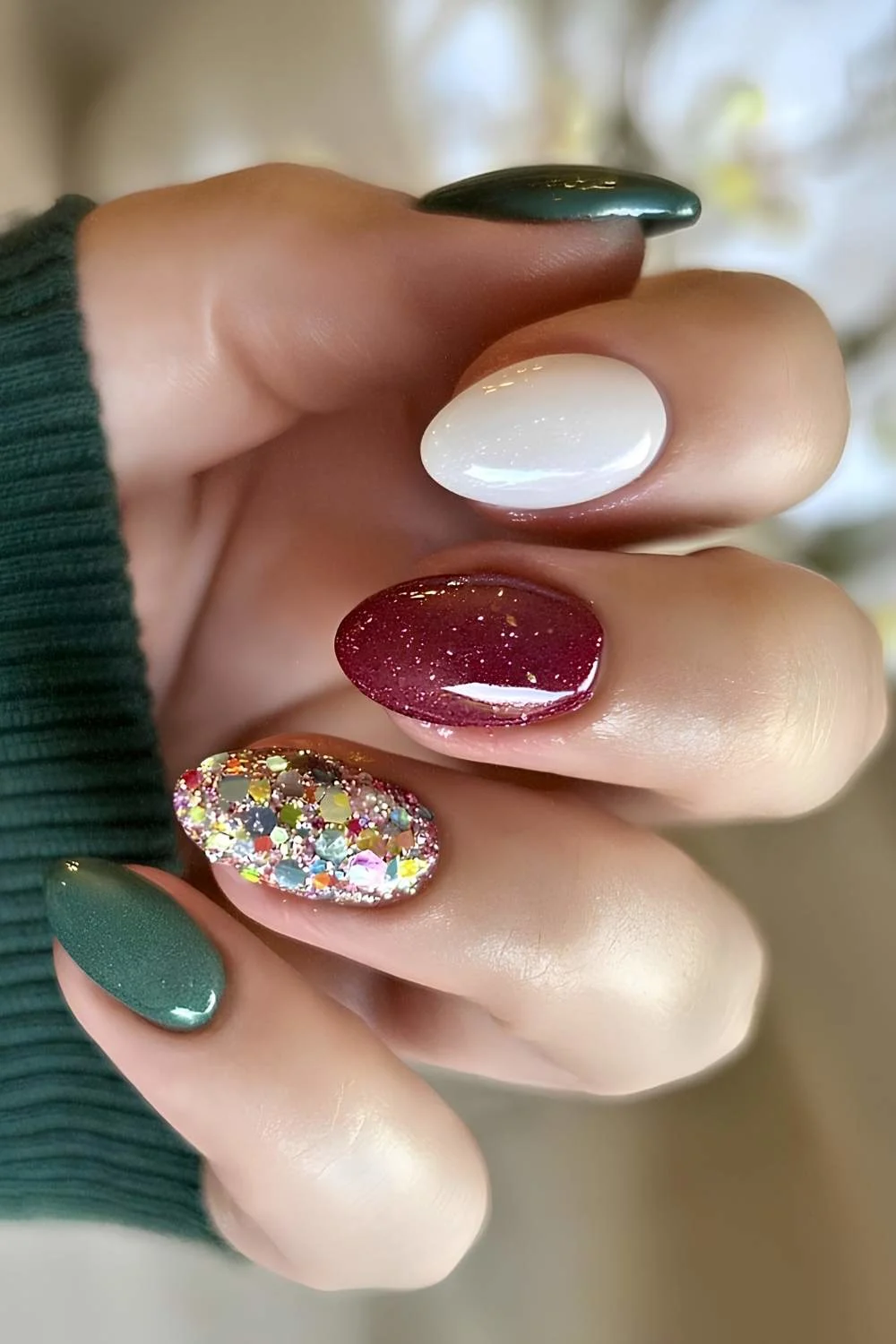 Christmas skittle mani with glitter accent