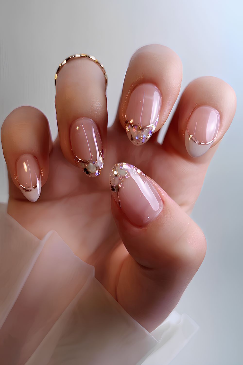 Crystal inspired white and gold French mani
