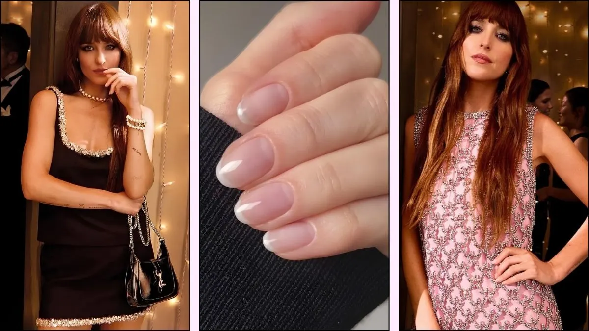 A collage of ballerina nails on famous actress