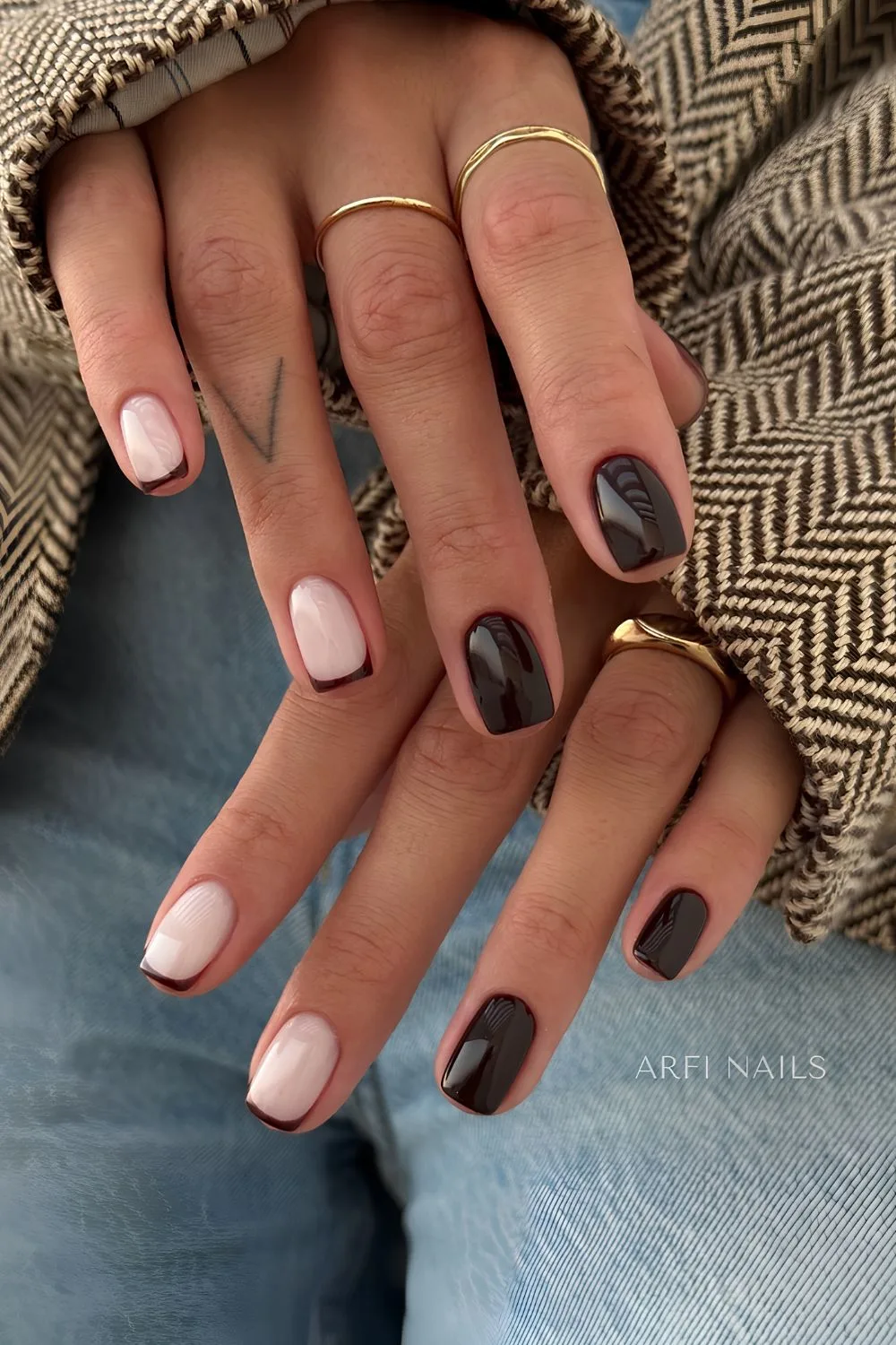 Dark brown mani with accent French tips