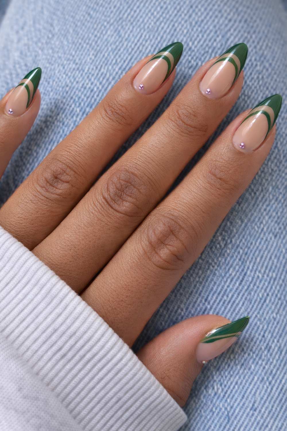 Deep green double French mani with cuticle gems