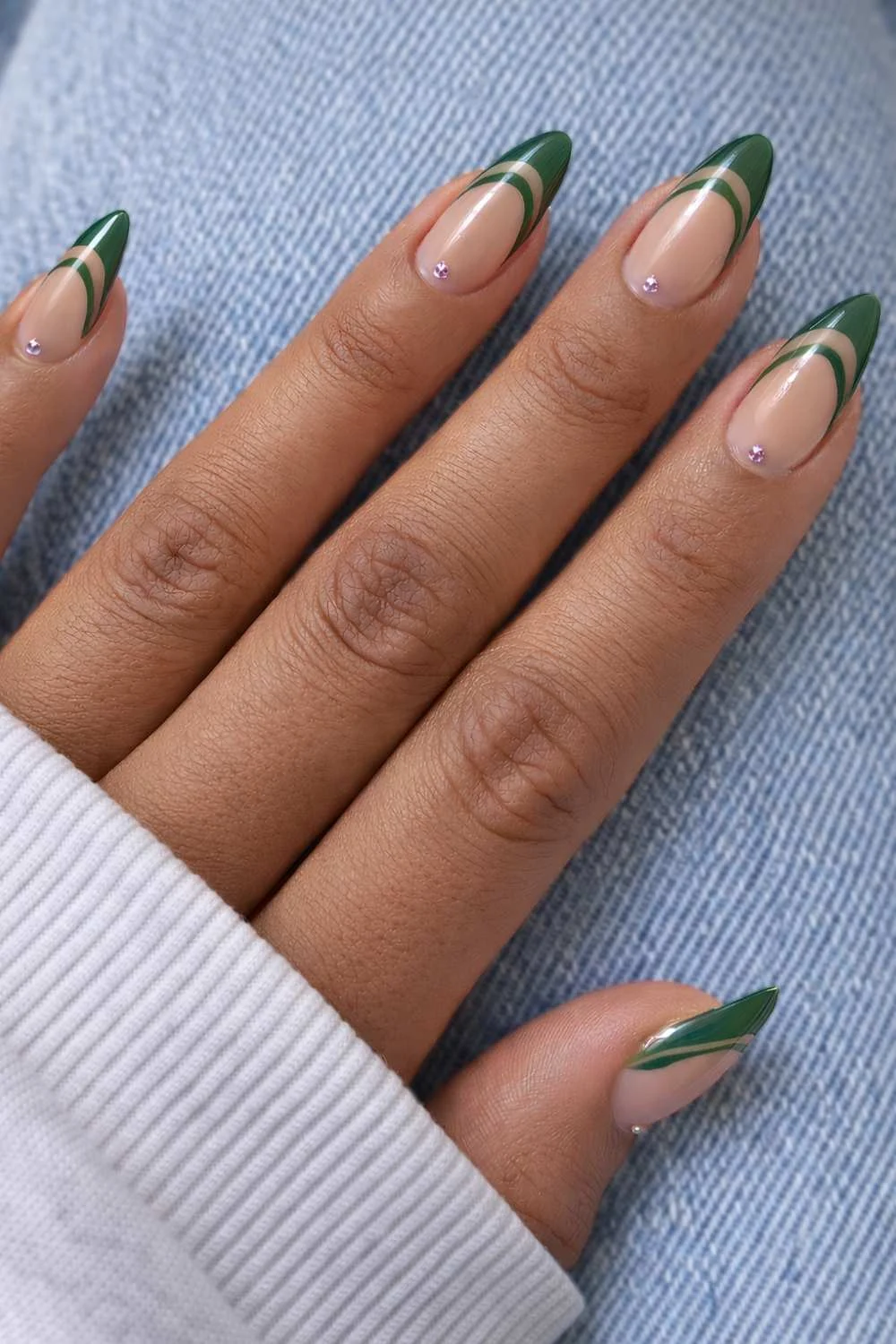 Deep green double French mani with cuticle gems