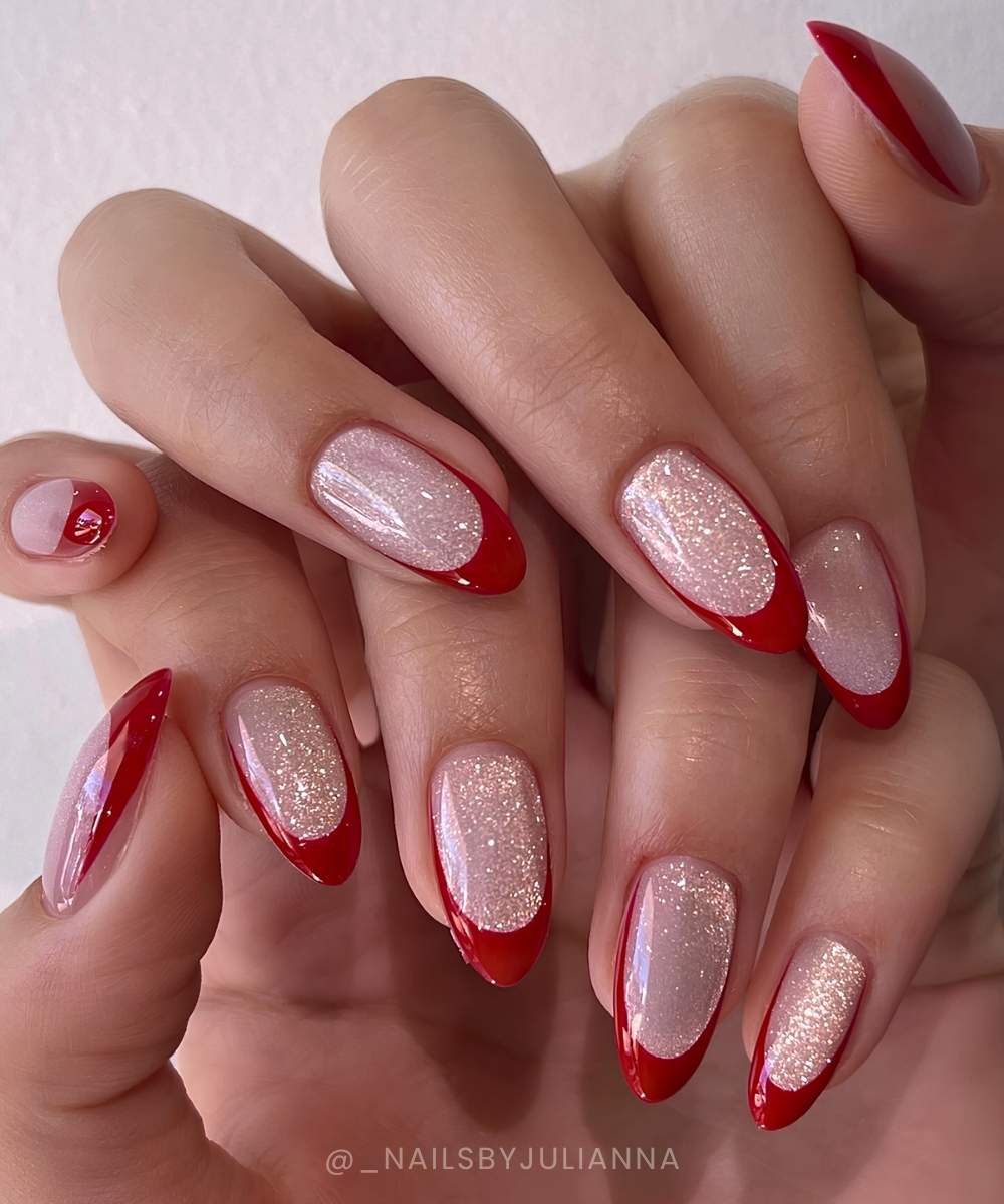 Deep red French nails on cat eye base