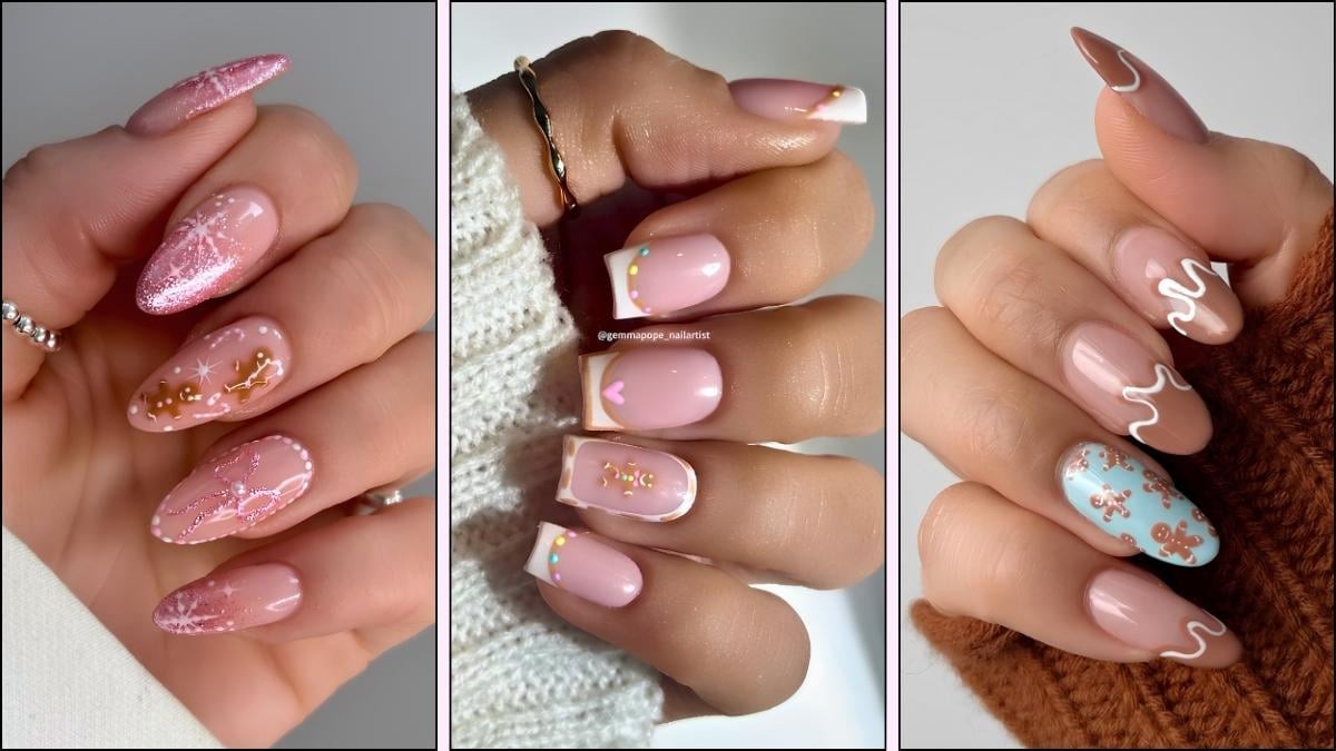 A collage of gingerbread cookie-inspired nail designs