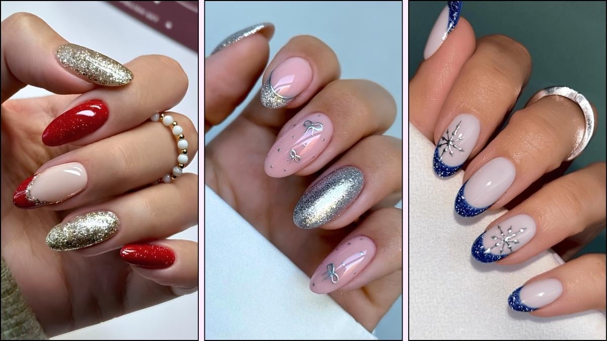 A collage of glitter nail designs for Christmas