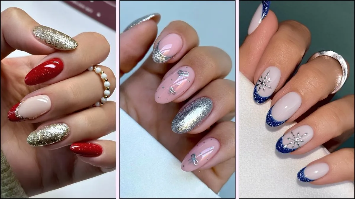 A collage of glitter nail designs for Christmas