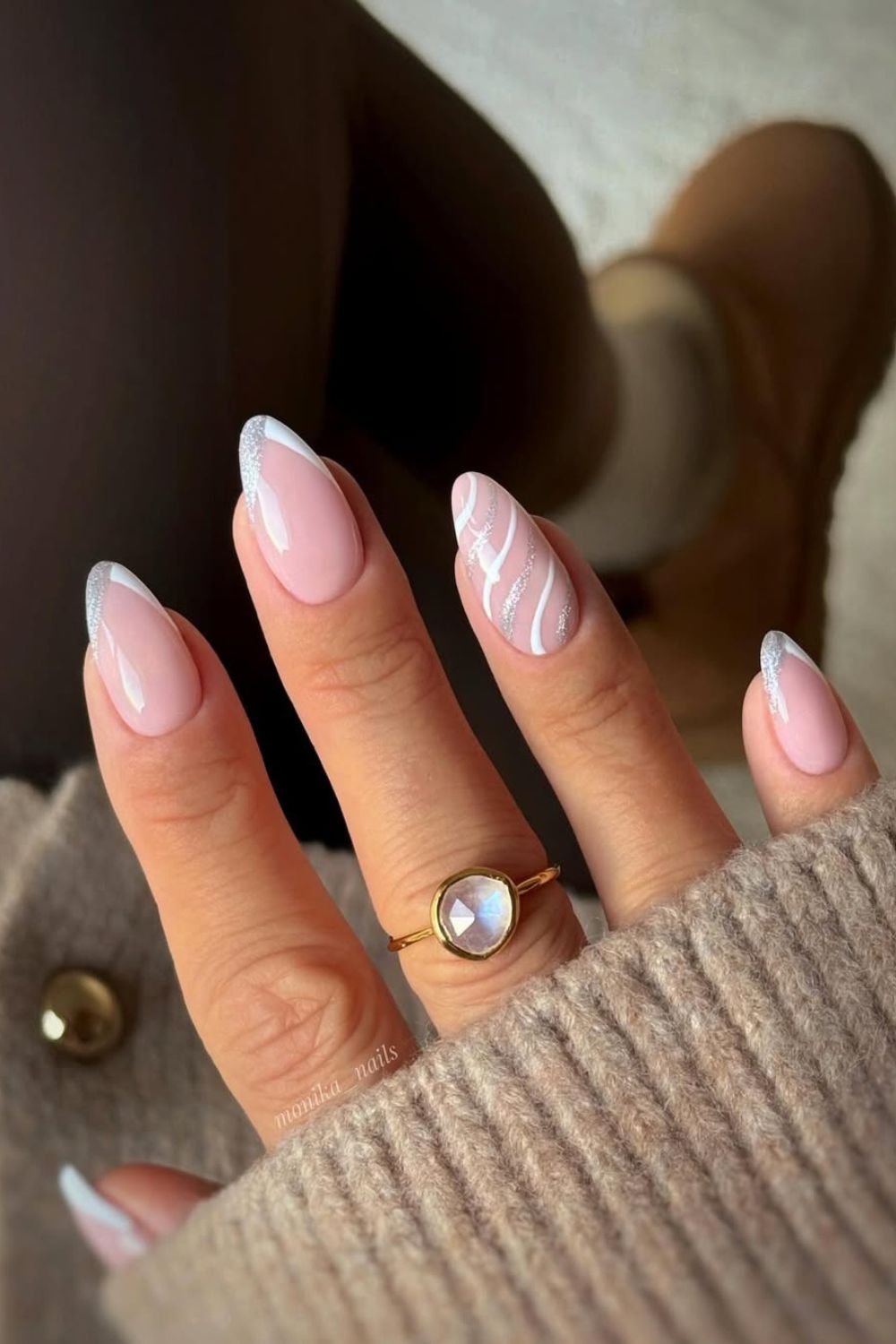 Glitter and white French tip nails with stripes