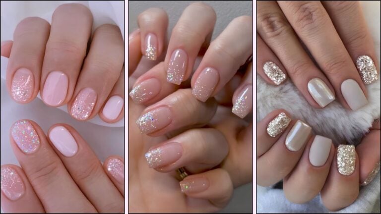 A collage of glitter nail designs
