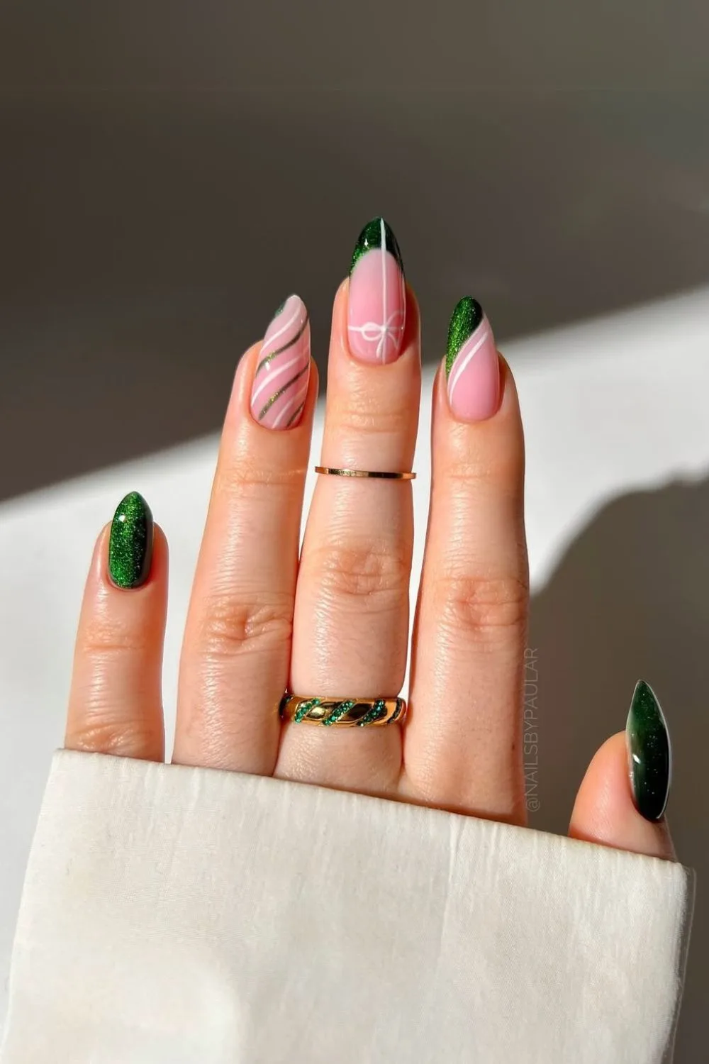 Glittery green and white Christmas nails