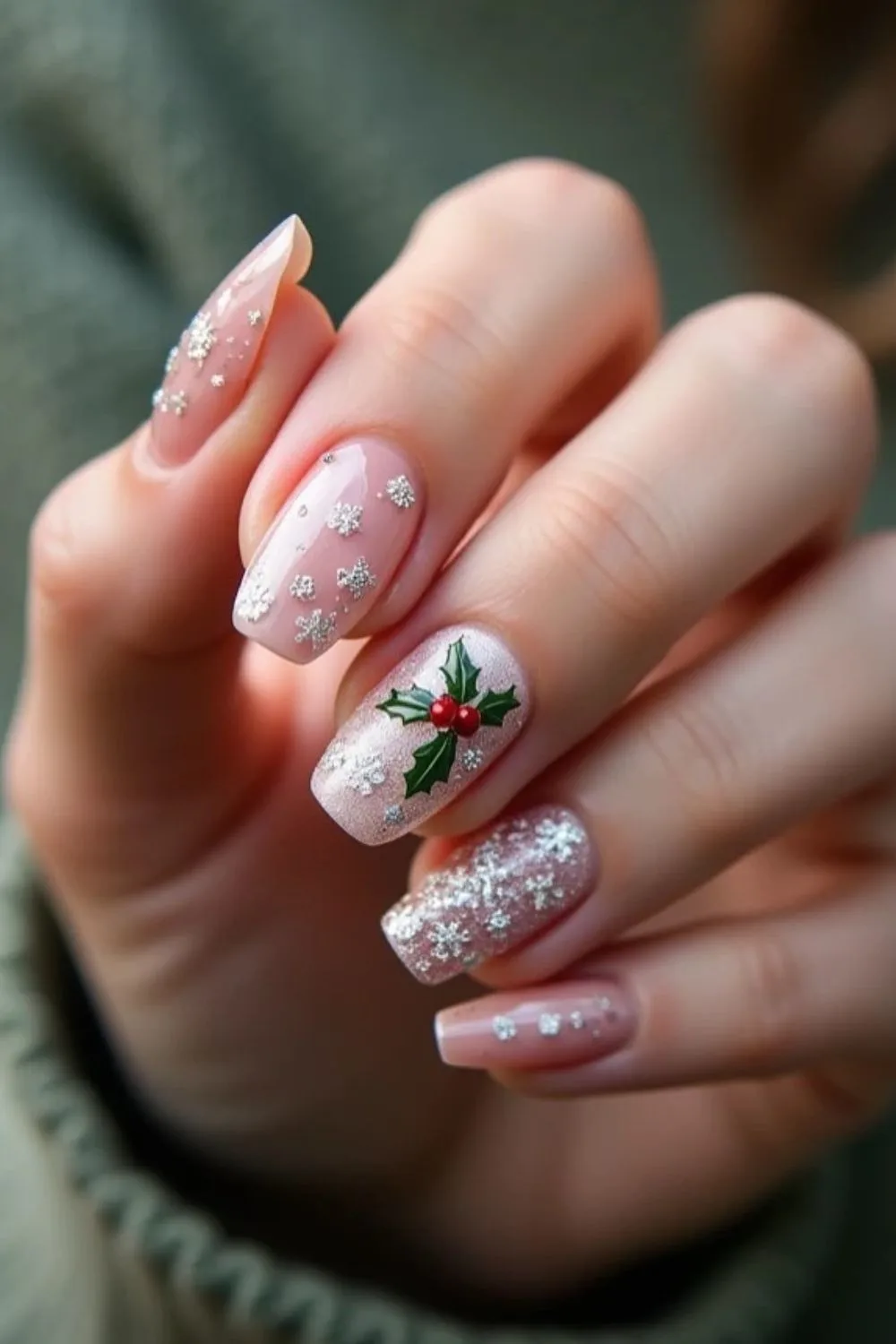 Glittery nails with holly berry accent