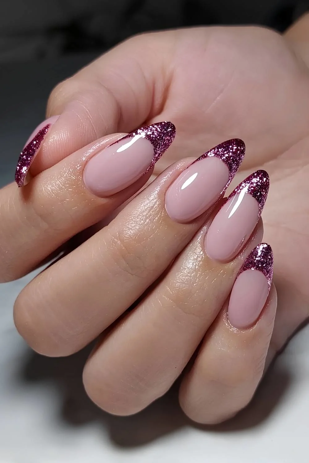 Glittery rose gold French manicure