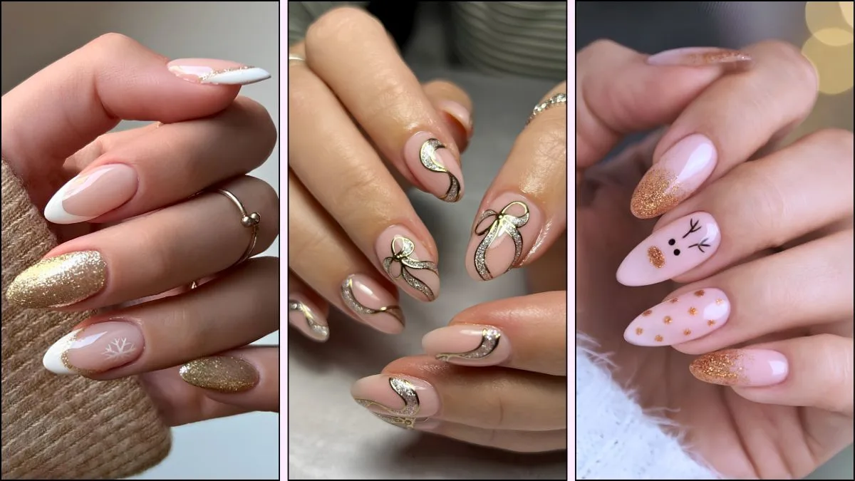 A collage of gold nail designs for Christmas