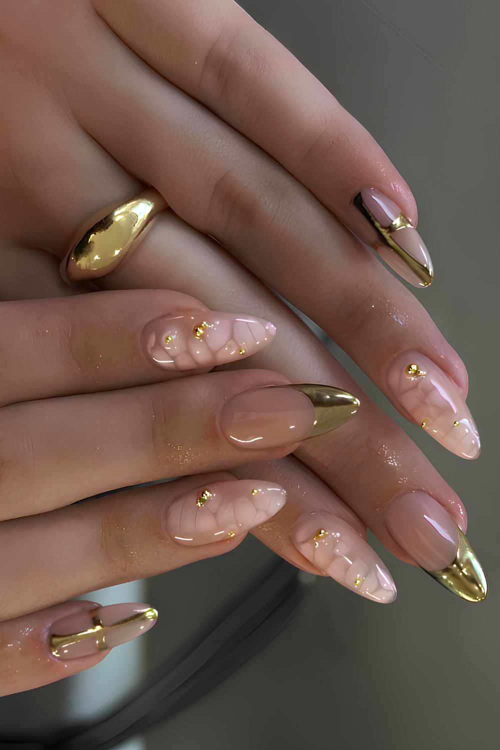 Gold French mani with white animal print art