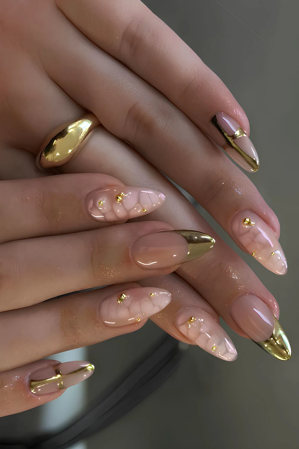 Gold French mani with white animal print art