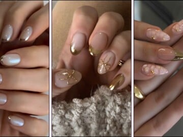 A collage of gold French tip nail designs