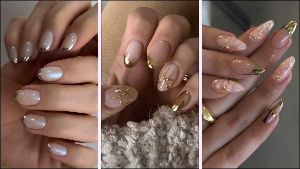 A collage of gold French tip nail designs