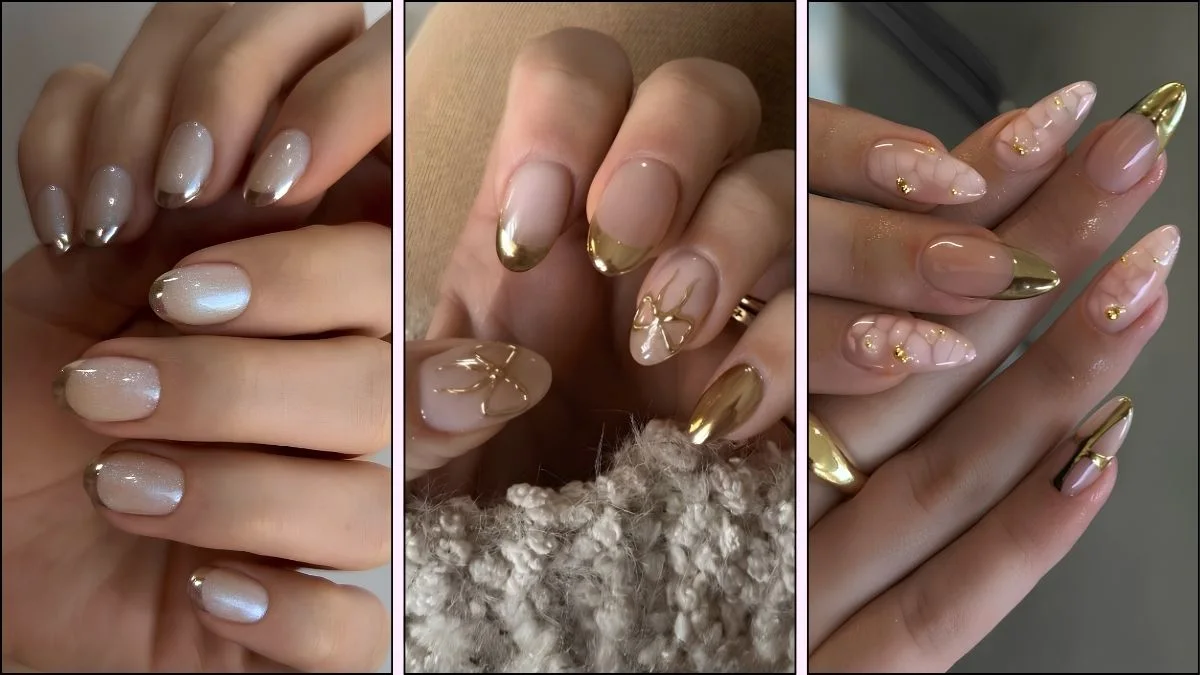 A collage of gold French tip nail designs