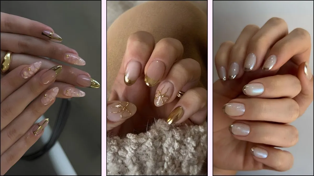 A collage of gold French tip nail designs