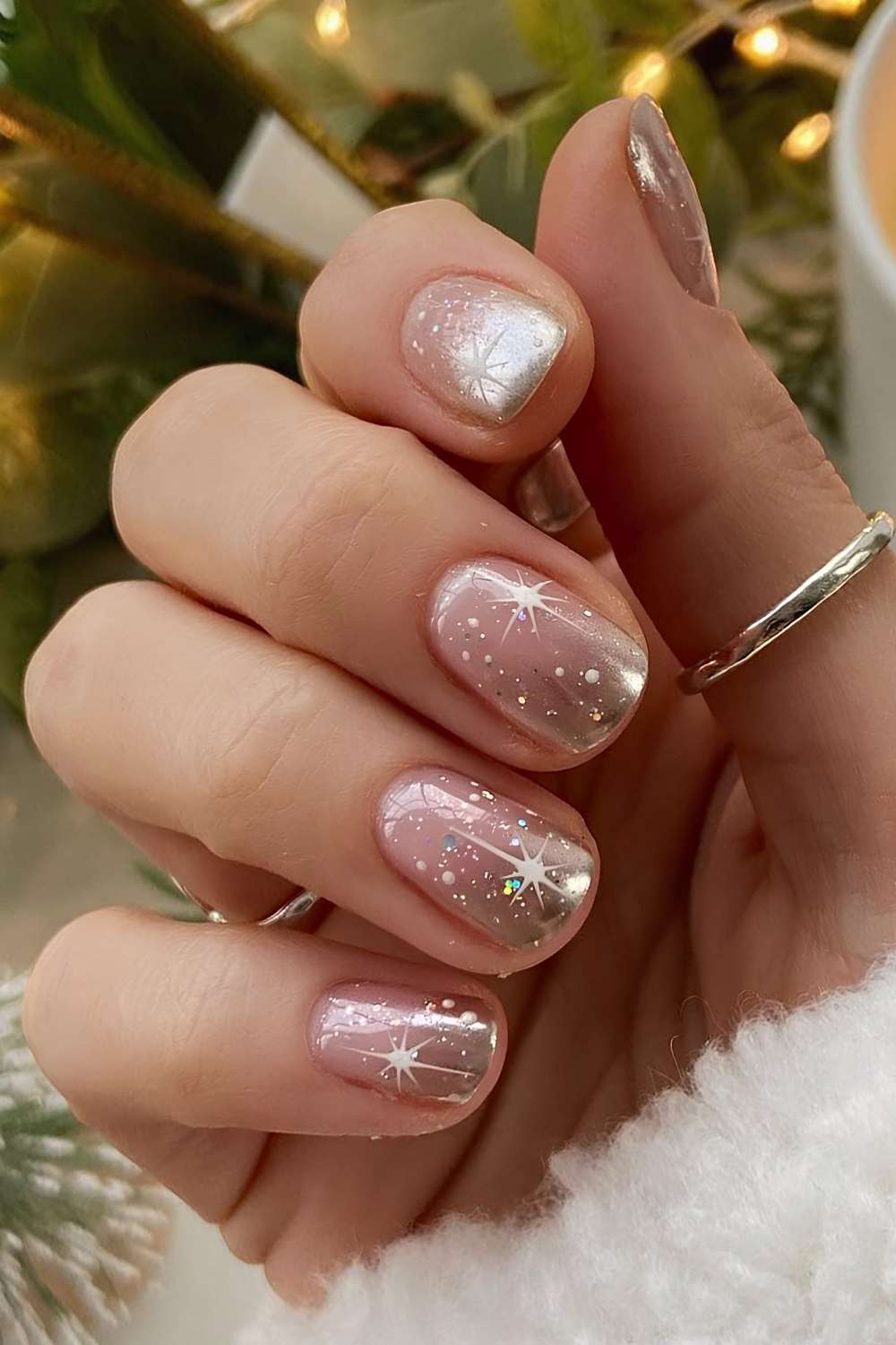 Gold ombre nails with winter holiday art