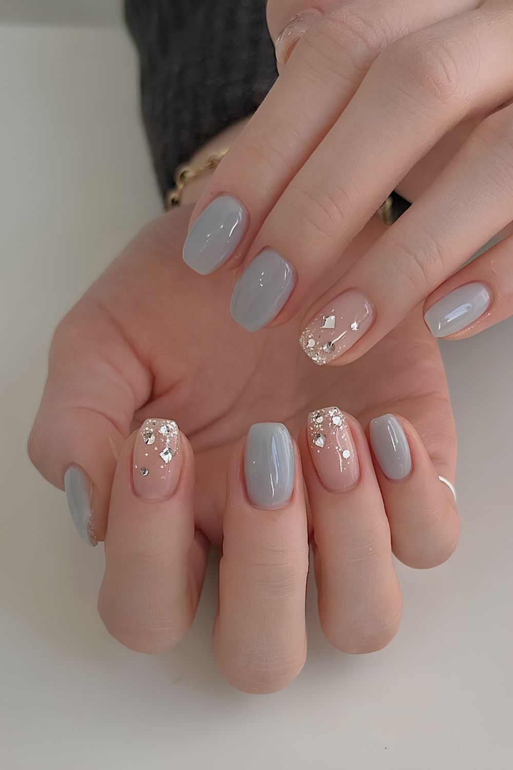 Gray nails with chunky glitter