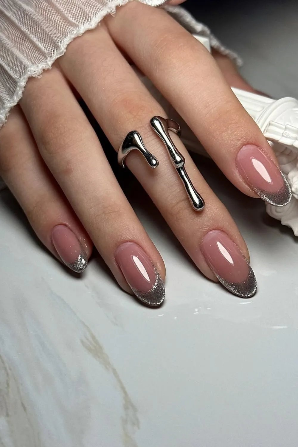 Gray velvet French tip nails