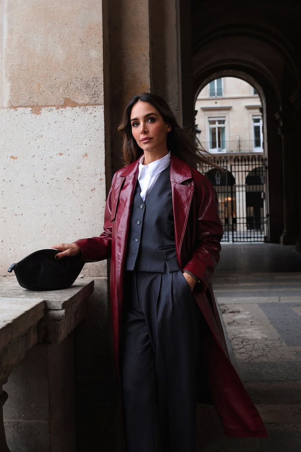 Grey suit with cherry red coat outfit