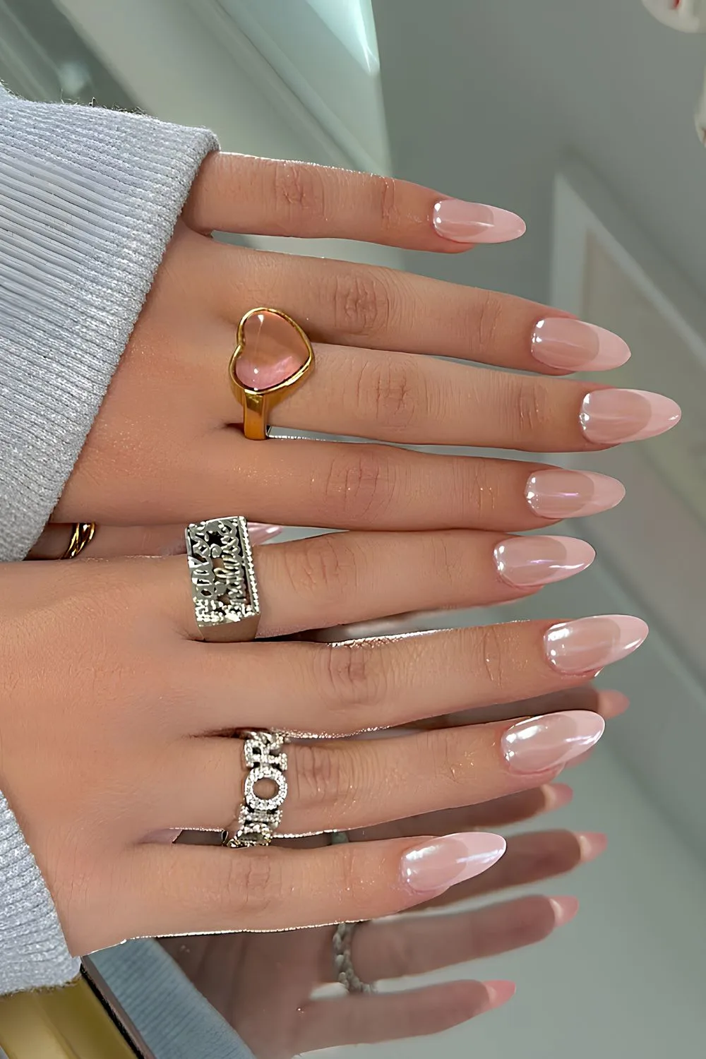 Icy pink chrome French nails