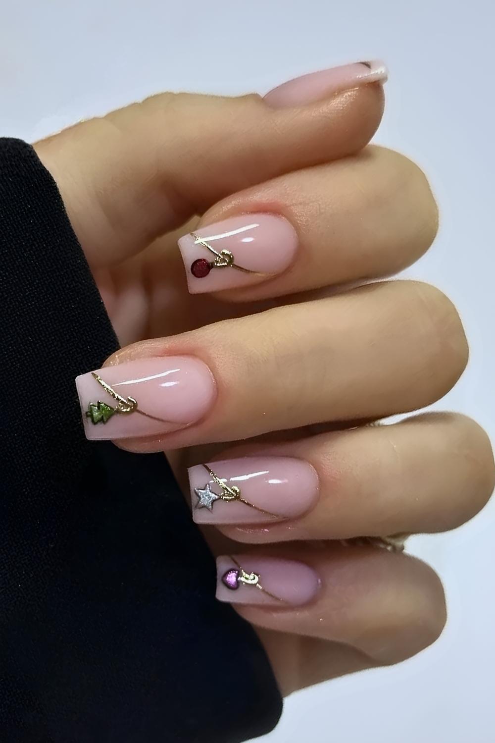 Milky nails with gold chrome holiday ornament art