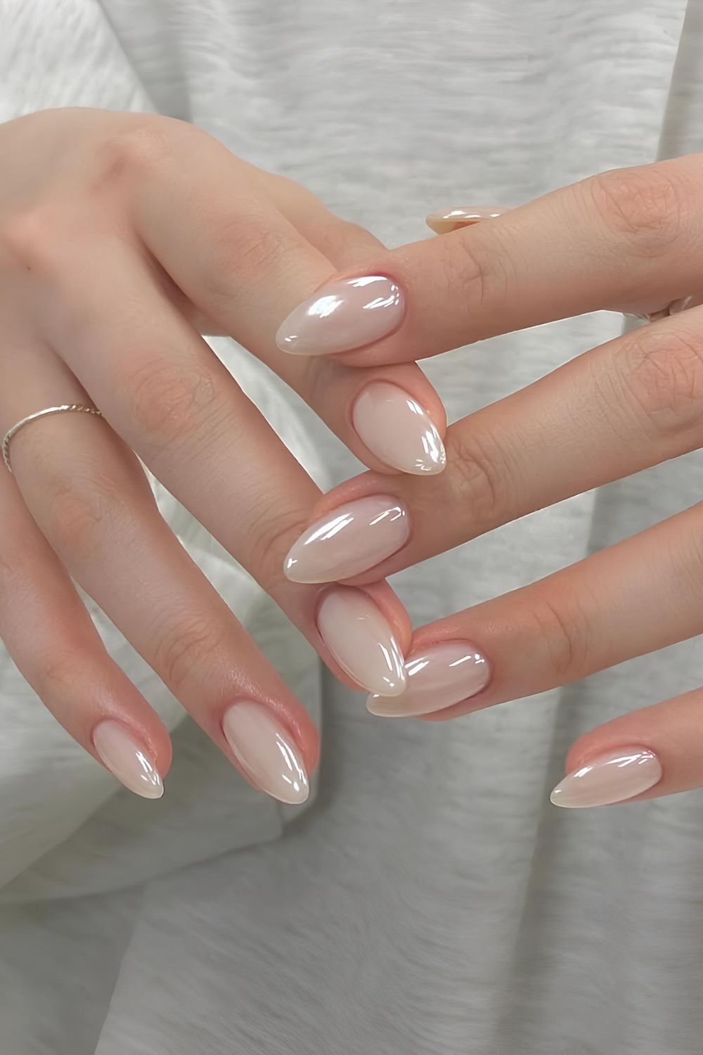 Milky white chrome-effect nails