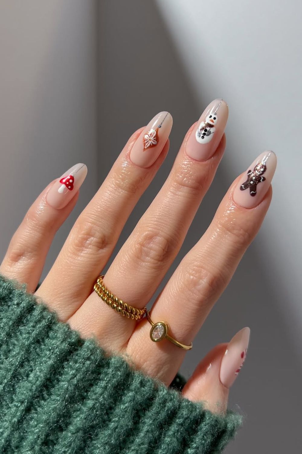 Milky white nails with gingerbrad, snowman, mushrooms and bauble accent