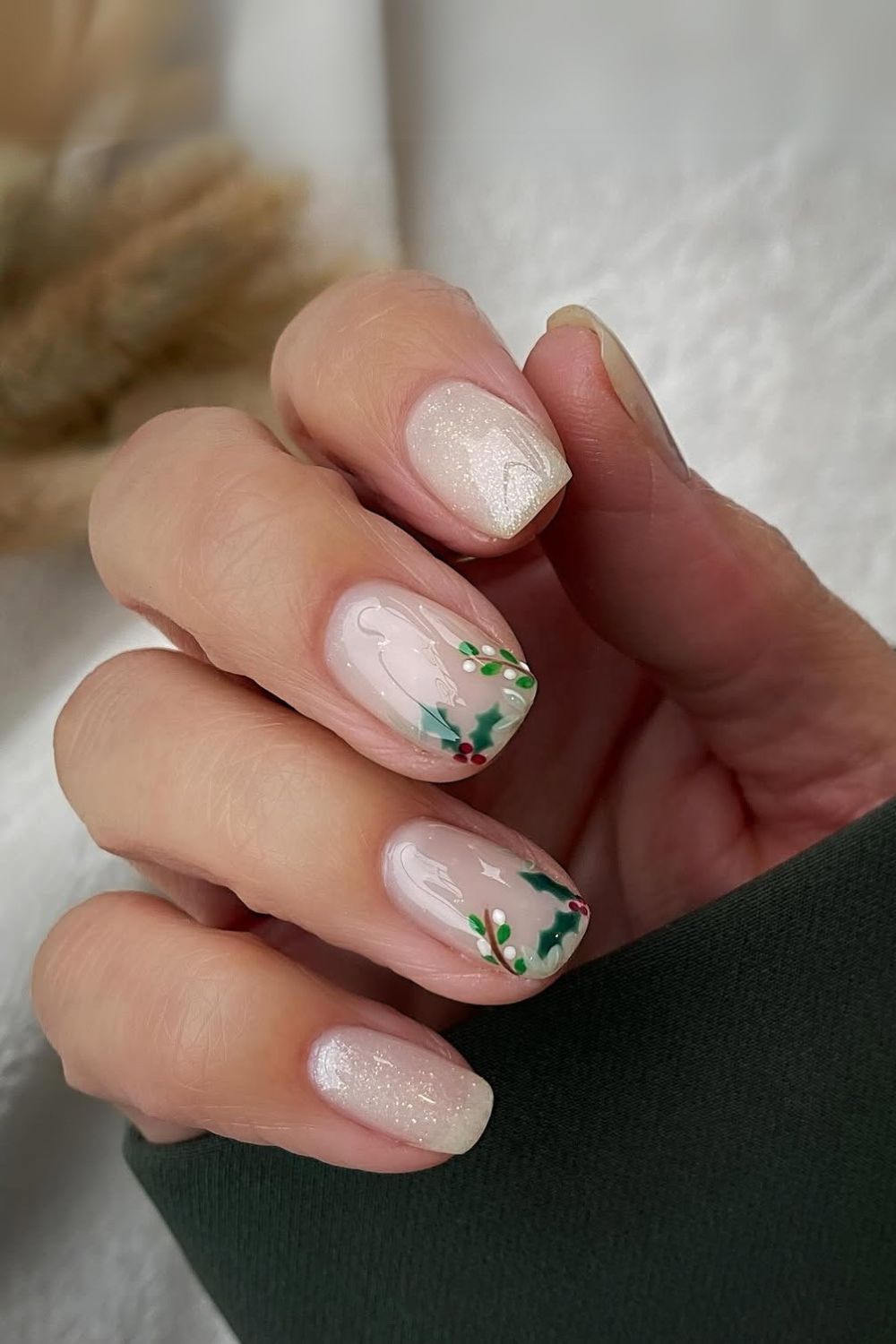 Milky white nails with holly berry art