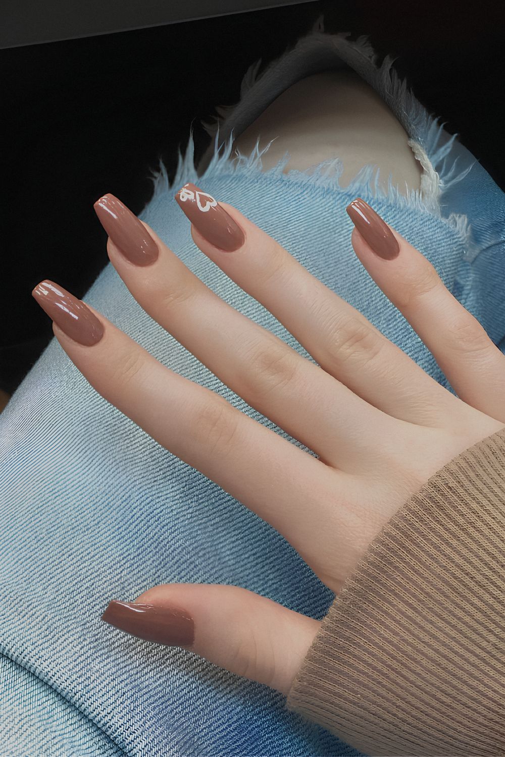 Mocha mousse nails with heart accent