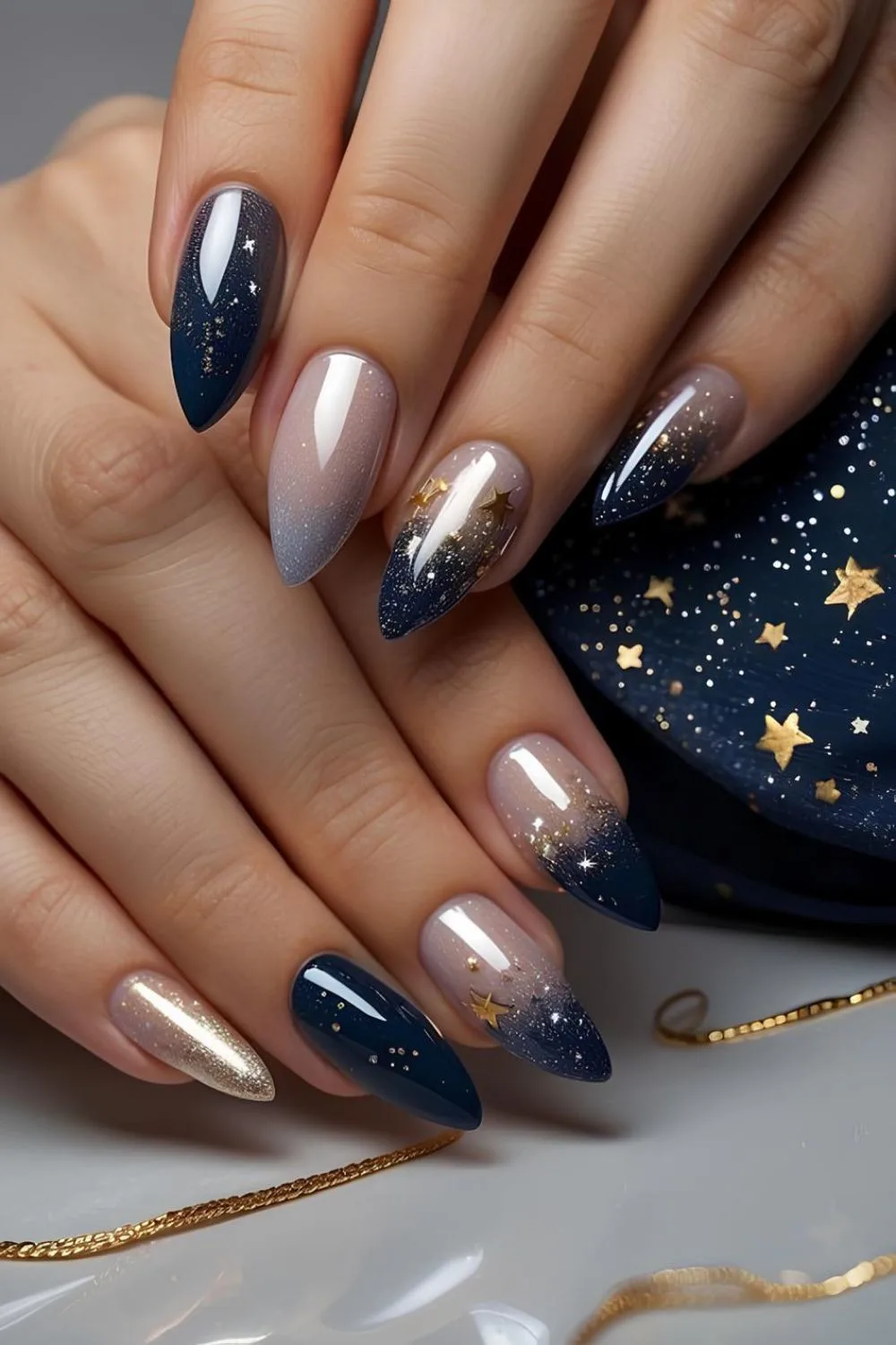 Navy Blue celestial glitter nails