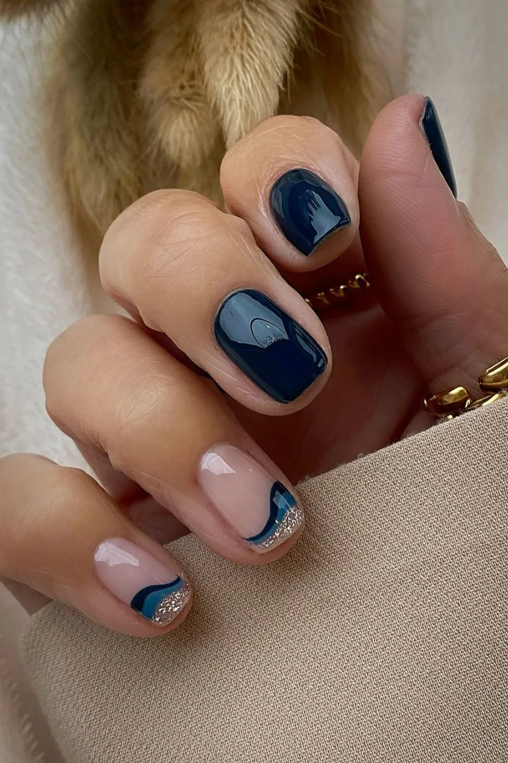 Navy French tip nails with waves