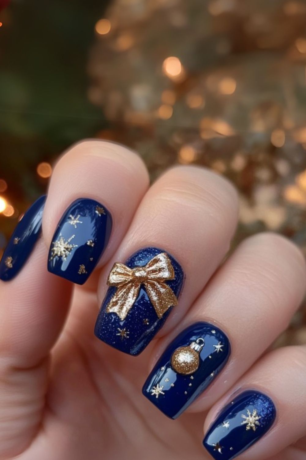 Navy blue nails with gold star accents and a metallic 3D gold bow and ornament details