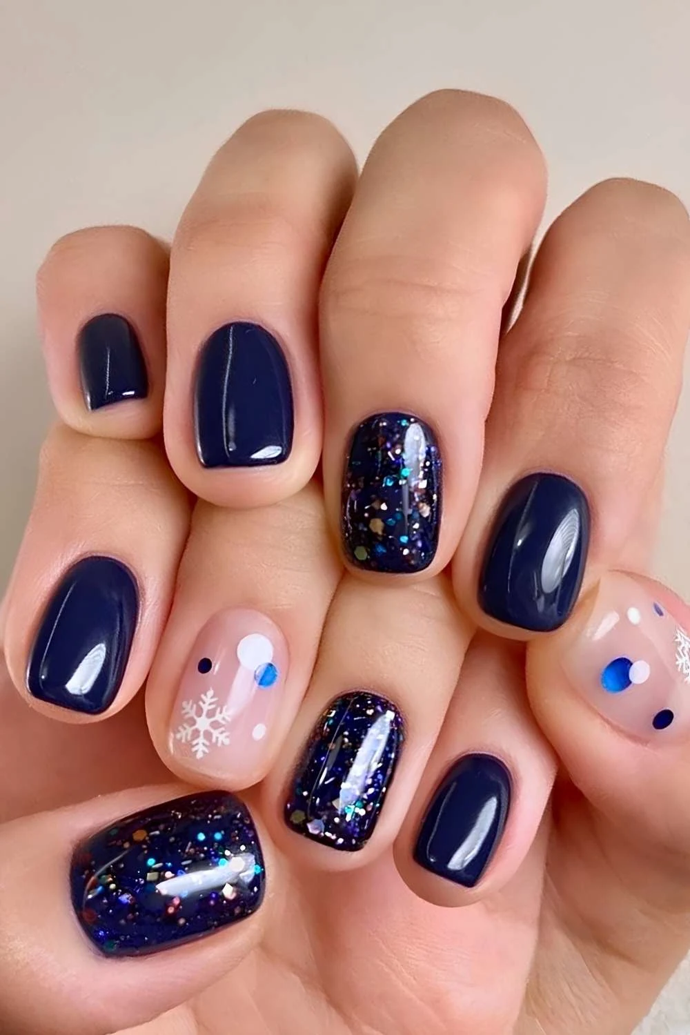 Navy blue winter mani with glitter and snowflakes