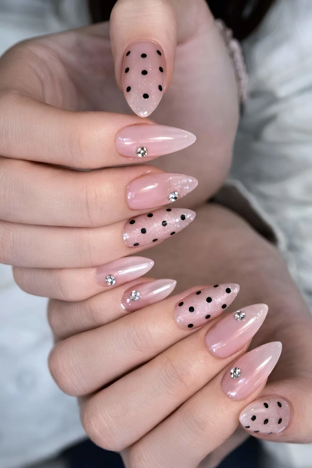 Neutral mani with polka dots and crystals