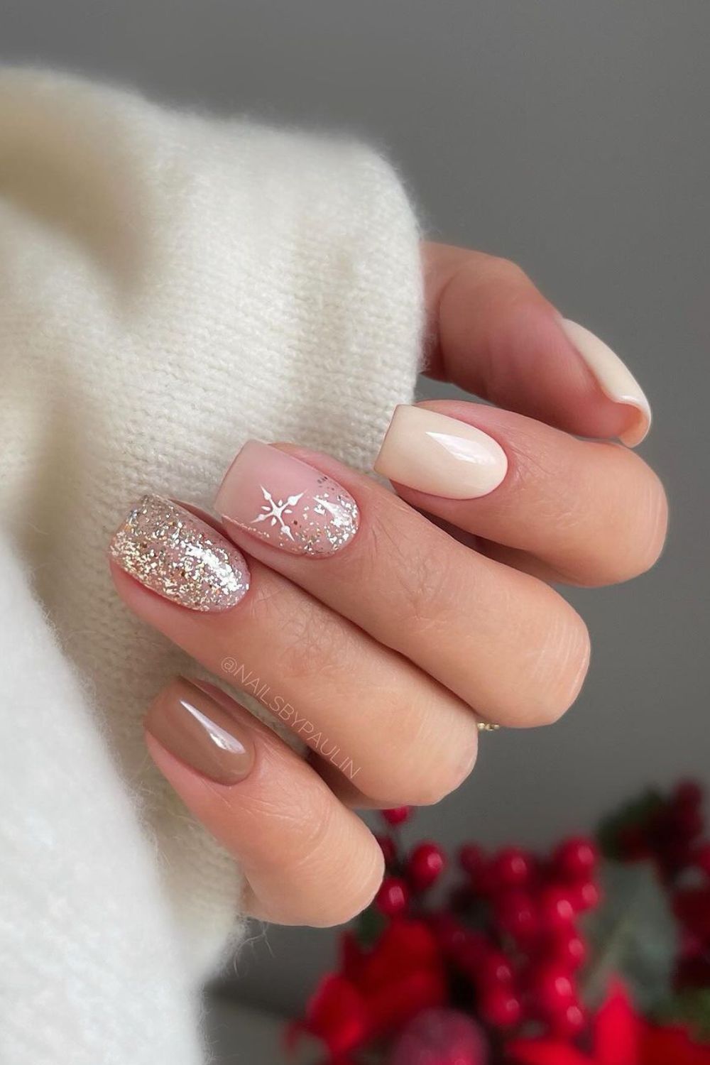 Neutral nails with glitter and snowflakes