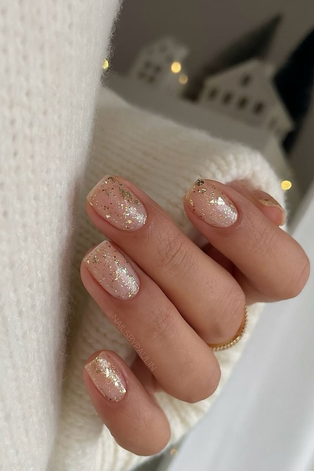 Neutral nails with gold foil accents