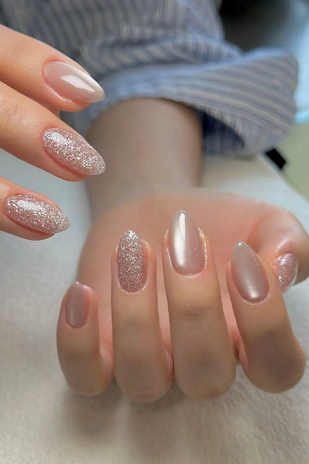 Nude glass nails with shimmer